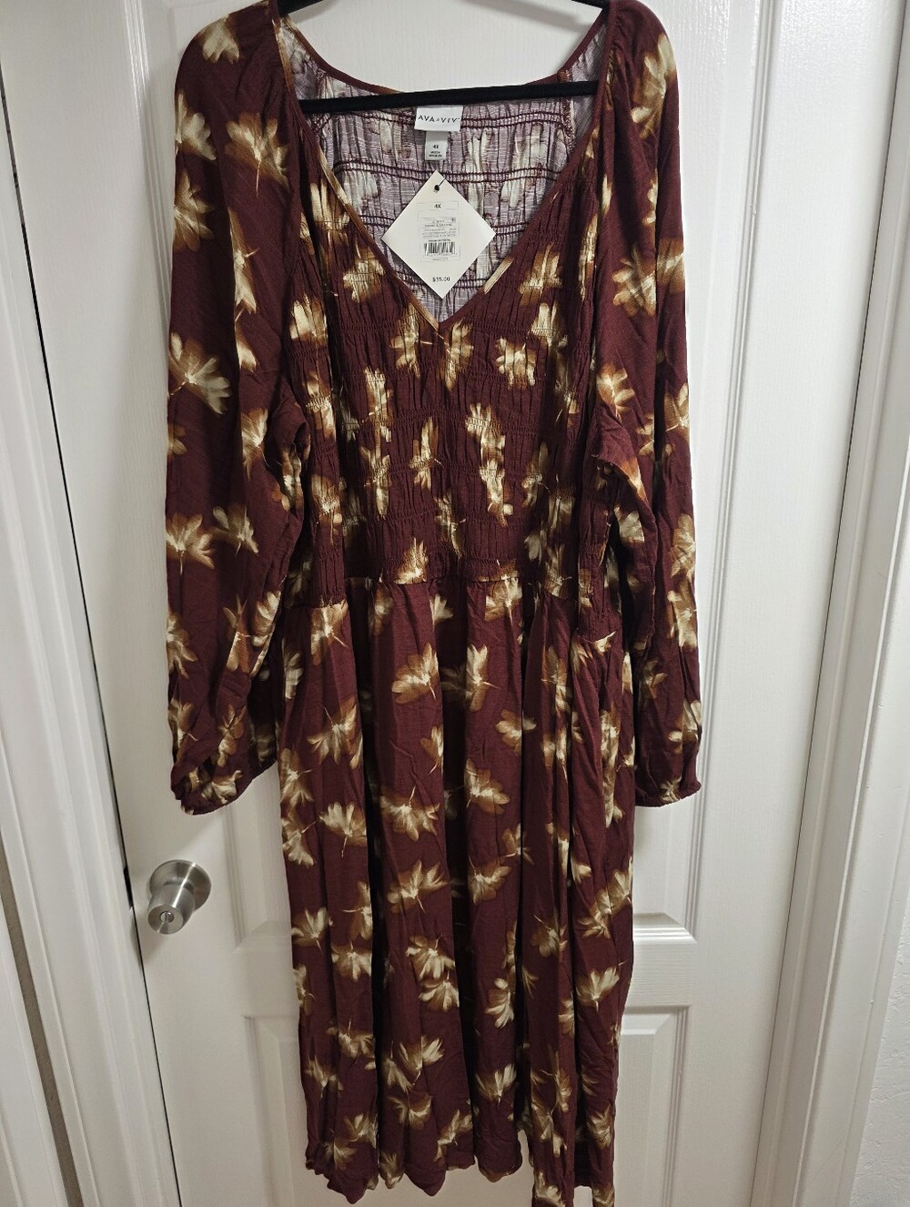 Ava & Viv Burgundy Floral Long Sleeve Smocked Midi Dress
